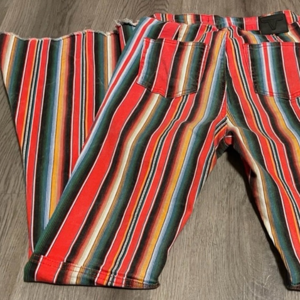 Retro Jeans LUCKY BLESSED HIGH RISE FLARE Serape Stripe Red Black Blue Size 10